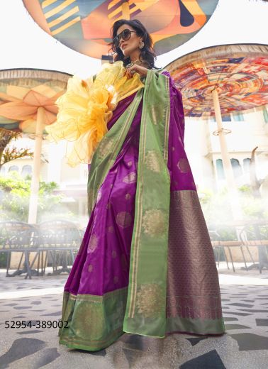 Purple & Light Green Two Tone Woven Soft Silk Saree For Traditional / Religious Occasions