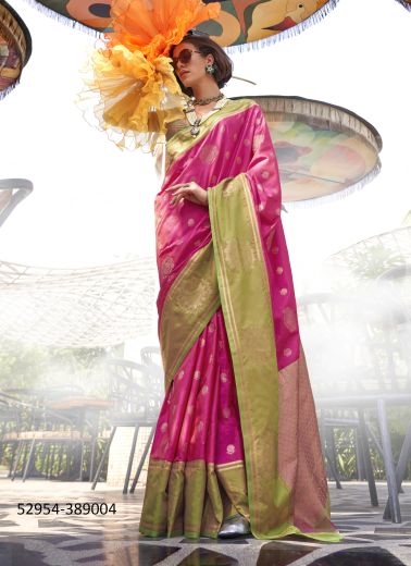 Magenta & Olive Green Two Tone Woven Soft Silk Saree For Traditional / Religious Occasions