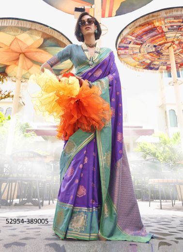 Lavender & Mint Green Two Tone Woven Soft Silk Saree For Traditional / Religious Occasions