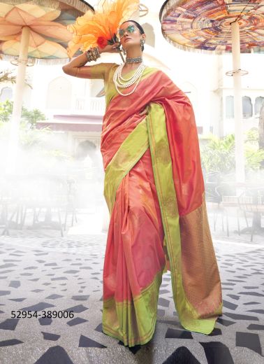 Salmon & Lemon Green Two Tone Woven Soft Silk Saree For Traditional / Religious Occasions