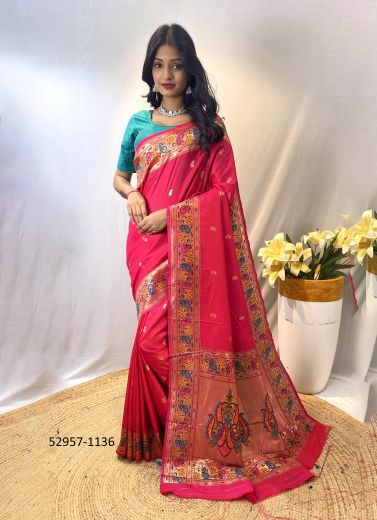 Dark Pink Woven Paithani Silk Saree For Traditional / Religious Occasions