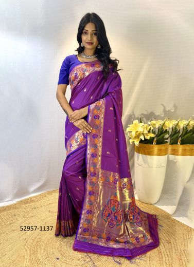 Violet Woven Paithani Silk Saree For Traditional / Religious Occasions