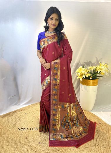 Wine Woven Paithani Silk Saree For Traditional / Religious Occasions