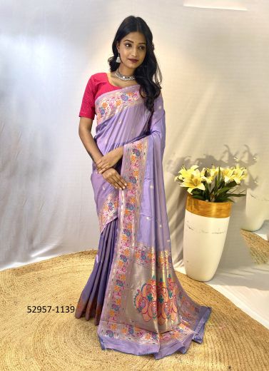 Lilac Woven Paithani Silk Saree For Traditional / Religious Occasions