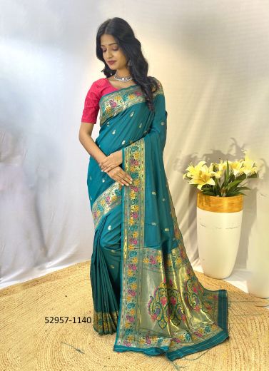 Teal Blue Woven Paithani Silk Saree For Traditional / Religious Occasions