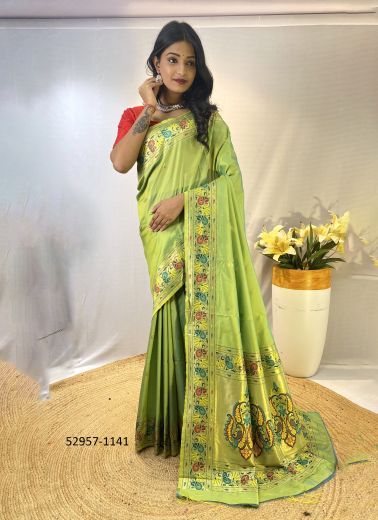 Light Green Woven Paithani Silk Saree For Traditional / Religious Occasions