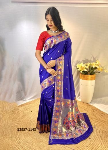 Blue Woven Paithani Silk Saree For Traditional / Religious Occasions