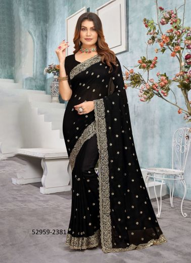 Black Vichitra Silk Embroidered Festive-Wear Desi Saree