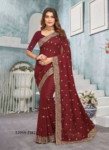 Maroon Vichitra Silk Embroidered Festive-Wear Desi Saree