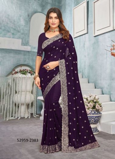 Dark Violet Vichitra Silk Embroidered Festive-Wear Desi Saree