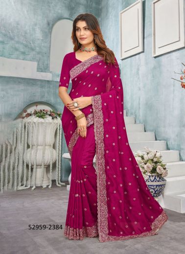 Magenta Vichitra Silk Embroidered Festive-Wear Desi Saree