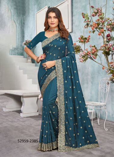 Sea Blue Vichitra Silk Embroidered Festive-Wear Desi Saree