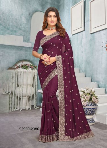 Purple Vichitra Silk Embroidered Festive-Wear Desi Saree