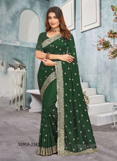 Green Vichitra Silk Embroidered Festive-Wear Desi Saree