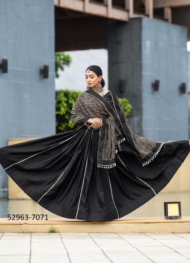 Black Cotton Printed Navratri Special Readymade Lehenga Choli [Chaniya Choli For Garba]