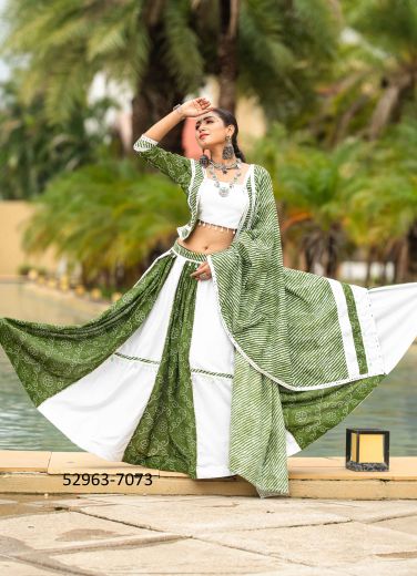 Green & White Cotton Printed Navratri Special Readymade Lehenga Choli [Chaniya Choli For Garba]