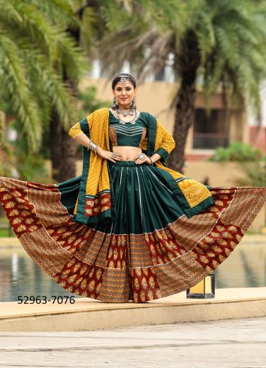 Teal Green & Maroon Cotton Printed Navratri Special Readymade Lehenga Choli [Chaniya Choli For Garba]