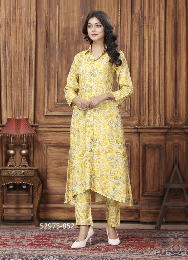 Yellow & White Rayon Digitally Printed Lounge-Wear Readymade Co-Ord Set