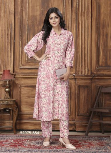 Light Pink & White Rayon Digitally Printed Lounge-Wear Readymade Co-Ord Set