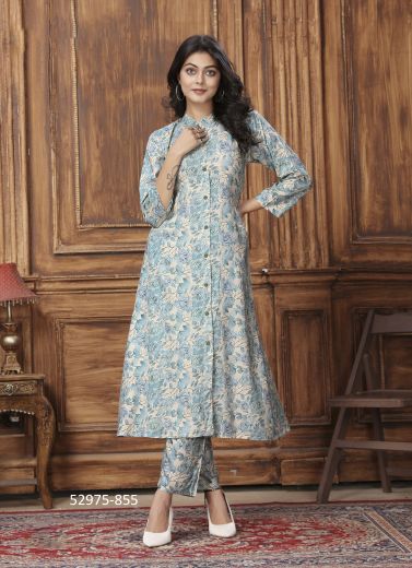 Light Blue & White Rayon Digitally Printed Lounge-Wear Readymade Co-Ord Set