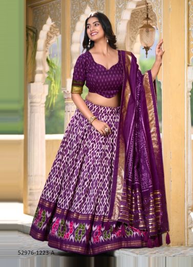 Purple & White Tussar Silk Patola-Printed Lehenga Choli For Traditional / Religious Occasions