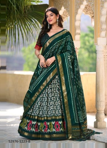 Green & White Tussar Silk Patola-Printed Lehenga Choli For Traditional / Religious Occasions