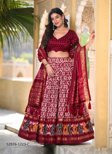 Wine Red & White Tussar Silk Patola-Printed Lehenga Choli For Traditional / Religious Occasions