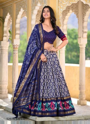 Blue & White Tussar Silk Patola-Printed Lehenga Choli For Traditional / Religious Occasions