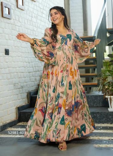 Peach & Sea Blue Chinon Digitally Printed Resort-Wear Readymade Maxi Dress