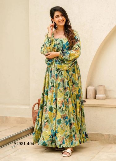 Light Green & Teal Blue Chinon Digitally Printed Resort-Wear Readymade Maxi Dress