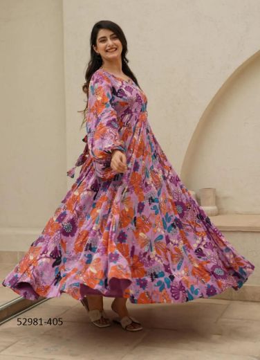 Pink & Purple Chinon Digitally Printed Resort-Wear Readymade Maxi Dress