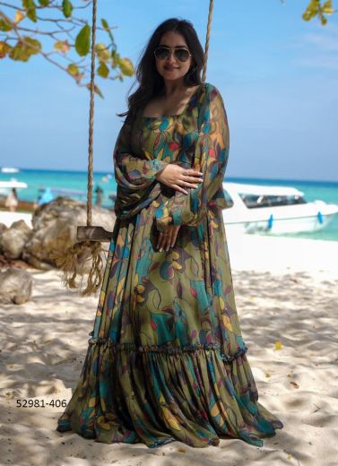 Olive Green & Teal Blue Georgette Digitally Printed Resort-Wear Readymade Maxi Dress