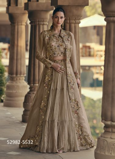 Beige Real Chinon Silk Wedding-Wear Readymade Lehenga Choli With Shrug