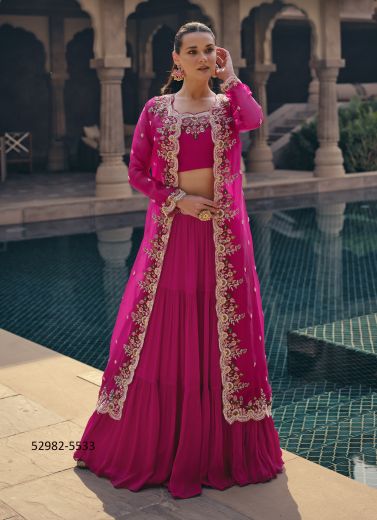 Magenta Real Chinon Silk Wedding-Wear Readymade Lehenga Choli With Shrug