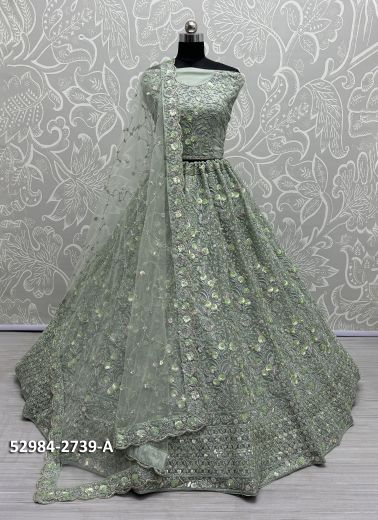 Sage Green Net Handwork Wedding-Wear Bridal Lehenga Choli