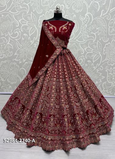 Dark Magenta Velvet Handwork Wedding-Wear Bridal Lehenga Choli [With Double Dupatta]