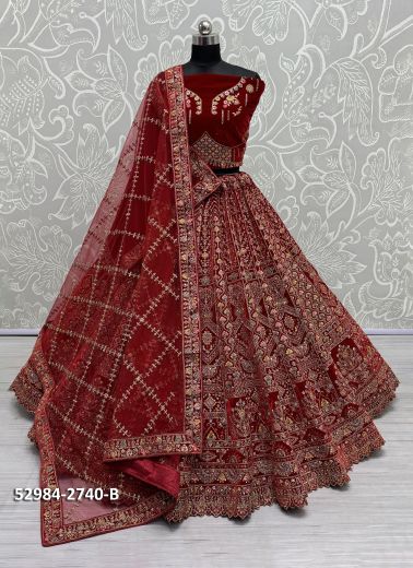 Maroon Velvet Handwork Wedding-Wear Bridal Lehenga Choli [With Double Dupatta]