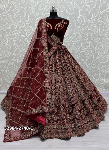 Dark Maroon Velvet Handwork Wedding-Wear Bridal Lehenga Choli [With Double Dupatta]