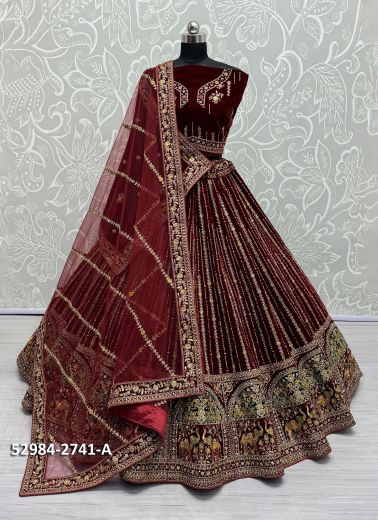 Dark Wine Velvet Handwork Wedding-Wear Bridal Lehenga Choli [With Double Dupatta]