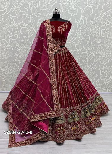 Dark Magenta Velvet Handwork Wedding-Wear Bridal Lehenga Choli [With Double Dupatta]