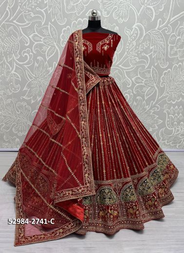 Red Velvet Handwork Wedding-Wear Bridal Lehenga Choli [With Double Dupatta]