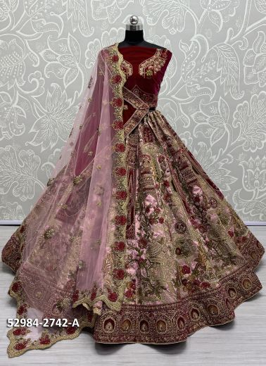 Lilac & Maroon Silk Handwork Wedding-Wear Bridal Lehenga Choli [With Double Dupatta]