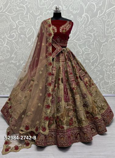 Olive Green & Maroon Silk Handwork Wedding-Wear Bridal Lehenga Choli [With Double Dupatta]