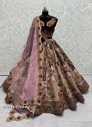 Lilac & Dark Maroon Silk Handwork Wedding-Wear Bridal Lehenga Choli [With Double Dupatta]