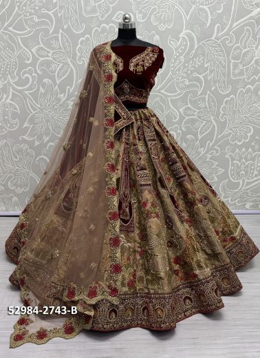 Olive Green & Dark Maroon Silk Handwork Wedding-Wear Bridal Lehenga Choli [With Double Dupatta]