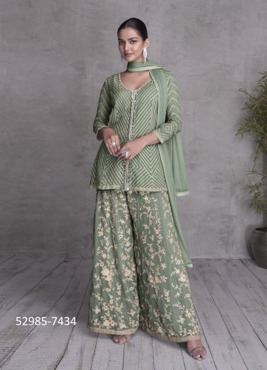 Sage Green & Cream Chinon & Georgette Handwork Wedding-Wear Readymade Sharara-Bottom Salwar Kameez