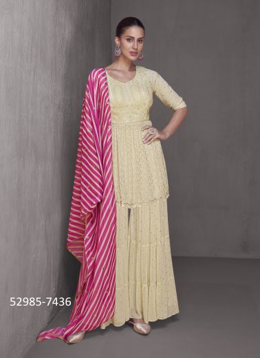 Cream & Magenta Chinon & Georgette Handwork Wedding-Wear Readymade Sharara-Bottom Salwar Kameez