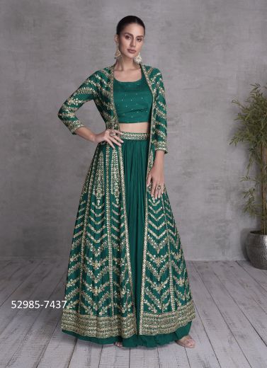 Teal Green Chinon & Georgette Handwork Wedding-Wear Readymade Lehenga With Shrug