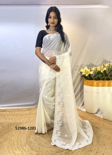 White Organza Sequins-Work Party-Wear Saree