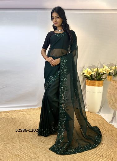 Dark Green Organza Sequins-Work Party-Wear Saree